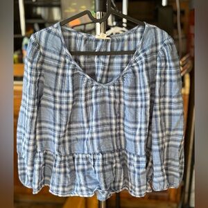 a.n.a Navy Checkered Long Sleeve Top